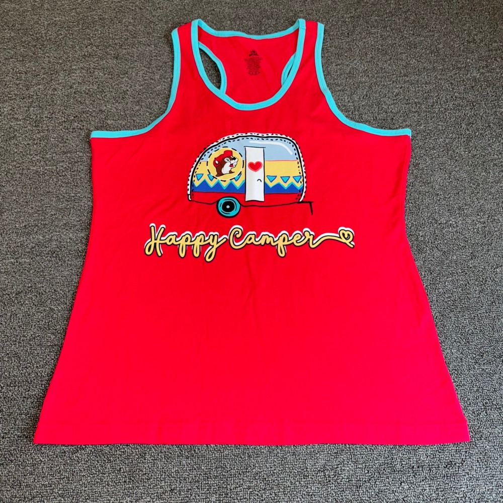 Buc-ee's Happy Camper Tank Top Red‎ Turquoise Racerback Cotton Large Casual Wear